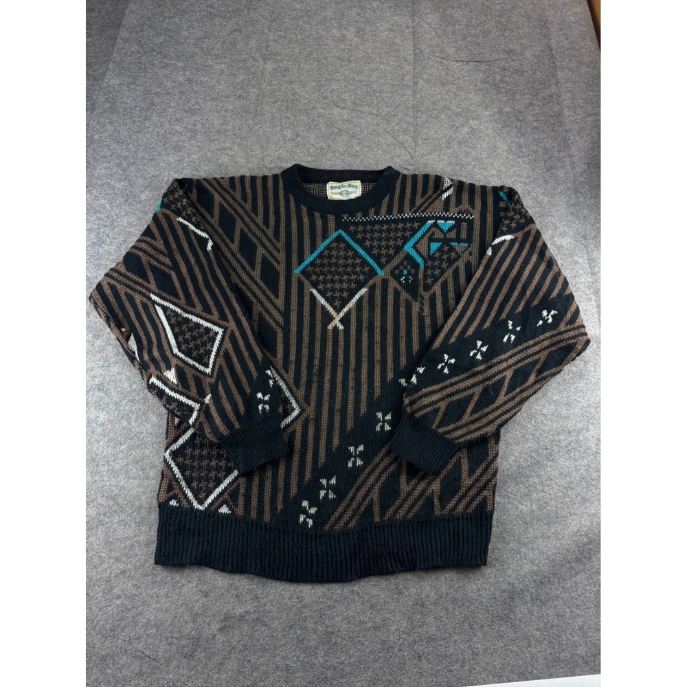 VTG Bugle Boy Geometric Knit Sweater Mens Medium Black Brown Teal 80s 90s SEE